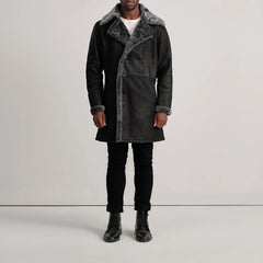 Harry Distressed Black Leather Shearling Double-Breasted Coat