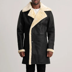 James Tumbled Black Leather Shearling Double-Breasted Coat for men