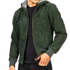 Mens Green Leather Hooded Jacket
