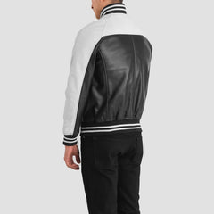 Black White Leather Varsity Jacket for men