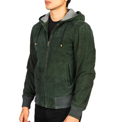 Mens Green Leather Hooded Jacket