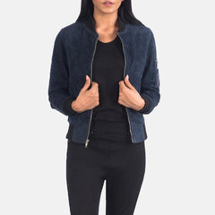 Womens Ma-1 Blue Suede Bomber Jacket-Stylish Jacket