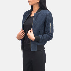 Womens Ma-1 Blue Suede Bomber Jacket-Stylish Jacket