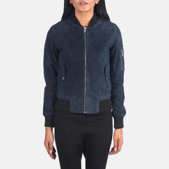 Womens Ma-1 Blue Suede Bomber Jacket-Stylish Jacket