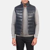 Mens Blue Leather Puffer Vest