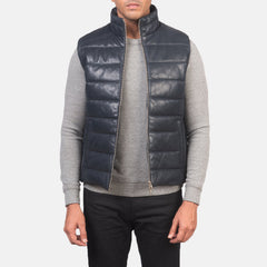 Mens Blue Leather Puffer Vest