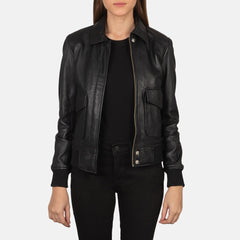 Black Leather Women Bomber Jacket