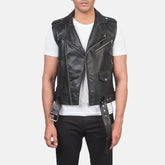 Black Leather Biker Jacket Vest coat