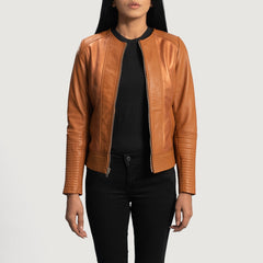 Women Tan Brown Leather Biker Jacket
