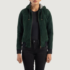 Green Suede Hooded Bomber Women Jacket