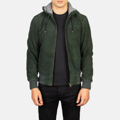 cormier Green Hooded Suede Bomber Jacket