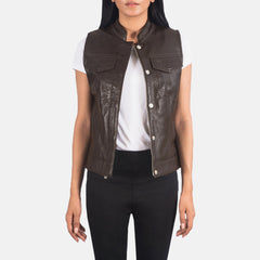 Women Moto Brown Leather Vest