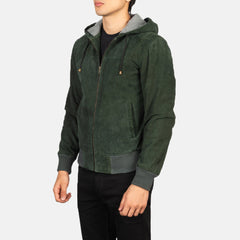 cormier Green Hooded Suede Bomber Jacket