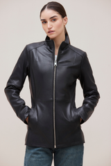 Carolyn Soft lamb leather with funnel neck and tonal zips.