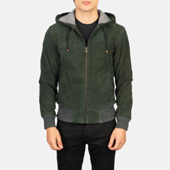 cormier Green Hooded Suede Bomber Jacket