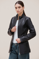 Carolyn Soft lamb leather with funnel neck and tonal zips.