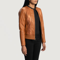 Women Tan Brown Leather Biker Jacket