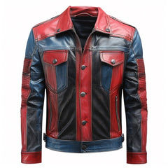 Men’s red and blue genuine sheepskin leather jacket crafted for premium style and comfort.