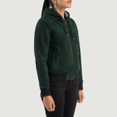 Green Suede Hooded Bomber Women Jacket