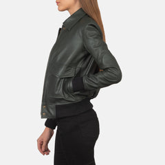 Women Green Leather Bomber Jacket