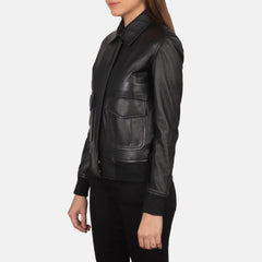 Black Leather Women Bomber Jacket