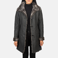 Sara Shearling Black Leather Women Coat