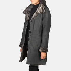 Sara Shearling Black Leather Women Coat