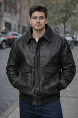Distressed Black Military Bomber WWII Aviator Bomber Leather Jacket for Men - Cowhide Black Bomber Jacket with Pockets
