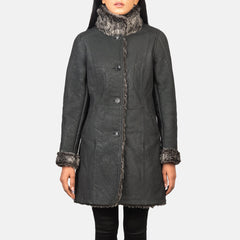 Sara Shearling Black Leather Women Coat