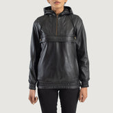 Black Leather Hooded Pullover Jacket