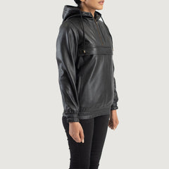 Black Leather Hooded Pullover Jacket