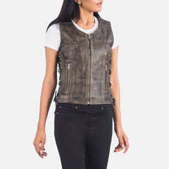 Amelia Distressed Brown Leather Biker Vest
