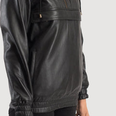 Black Leather Hooded Pullover Jacket