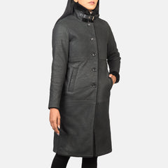 Saira Shearling Black Leather Women Coat
