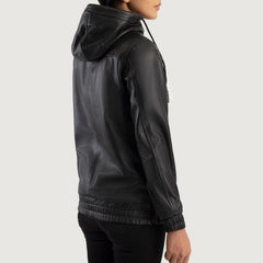 Black Leather Hooded Pullover Jacket