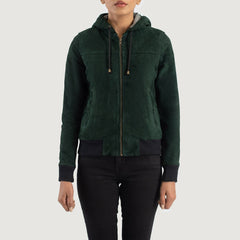 Green Suede Hooded Bomber Women Jacket