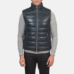 Mens Blue Leather Puffer Vest