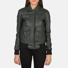 Women Green Leather Bomber Jacket