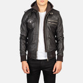 Mens Brown Hooded Leather Bomber Jacket
