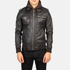 Mens Brown Hooded Leather Bomber Jacket