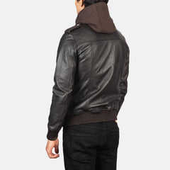 Mens Brown Hooded Leather Bomber Jacket