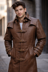 Tan Brown Full Length Steampunk Halloween Cosplay Leather Trench Coat for Men
