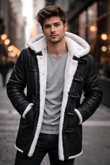 Long Length Swedish Long Leather Coat with White Shearling