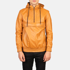 Mens Hooded Brown Leather Pullover Jacket