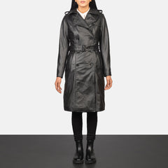 Sara Black Double Breasted Leather Women Coat