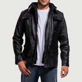Men Hooded Black Leather Jacket