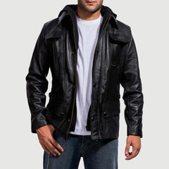 Men Hooded Black Leather Jacket