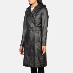 Sara Black Double Breasted Leather Women Coat