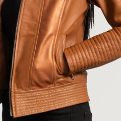 Women Tan Brown Leather Biker Jacket