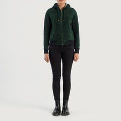 Green Suede Hooded Bomber Women Jacket